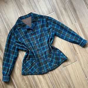 vintage plaid 1940s or 50s wool Pendleton 49er style blue & brown jacket shacket